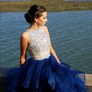 navy and silver two-piece prom dress